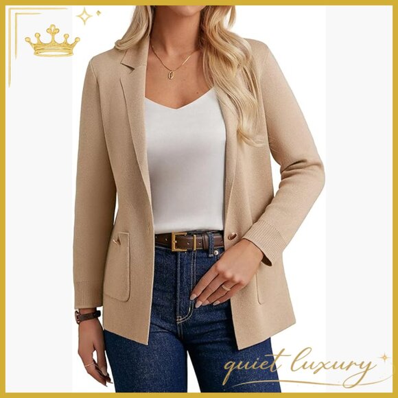 Long Sleeve Blazer Cardigan Open Front Lapel Pockets Business Casual